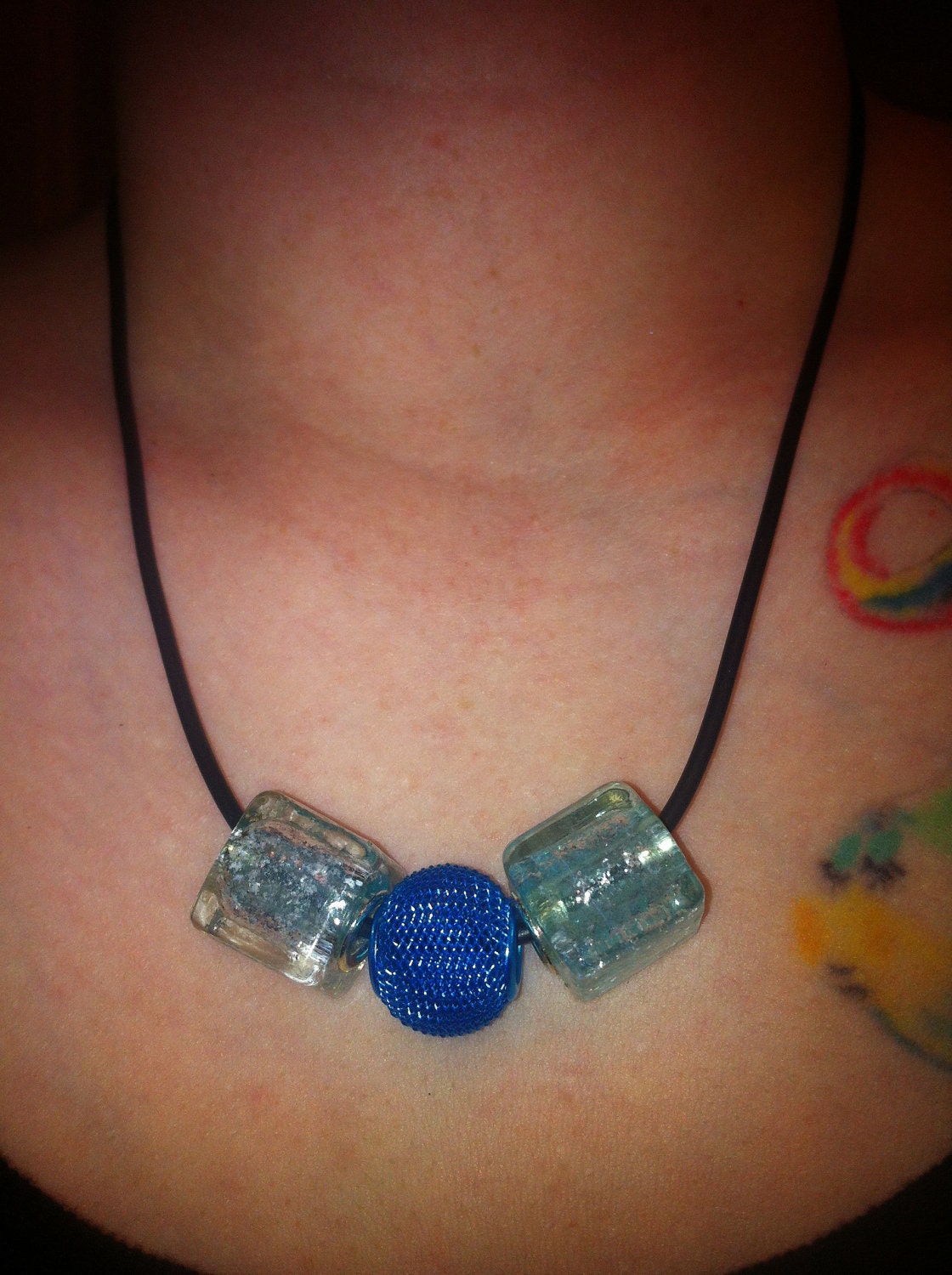 Aluminum Mesh Electro Phoresis Drum Bead and European foil glass bead Necklace in Blues