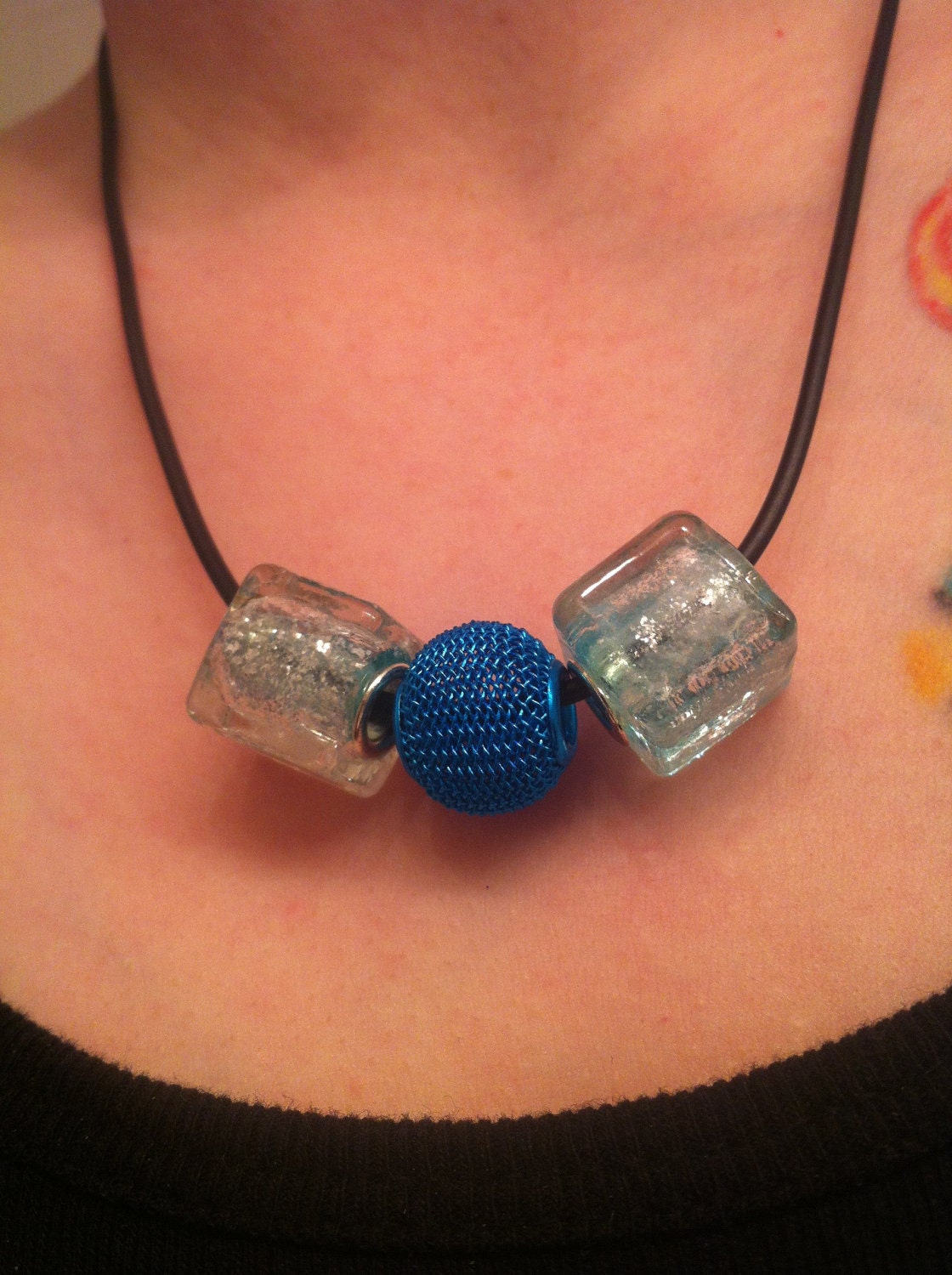 Aluminum Mesh Electro Phoresis Drum Bead and European foil glass bead Necklace in Blues