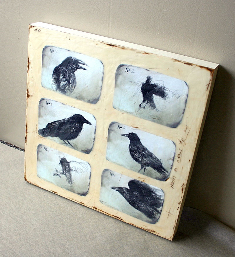 Notes on Crows II - ink drawing and encaustic painting