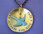 Hand Stamped Necklace - in brass with a blue swallow - personalized just for you