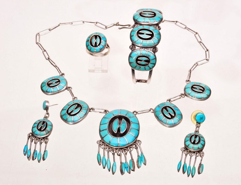 Vintage Native American - Zuni Ellen Quandelacy - 5 pc. Inlay Parure Set Sterling Turquoise 50s / 60s