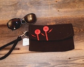 Eco Friendly Mini Clutch in Black, Recycled Fabric with Cute Red Natural Button Flowers, Handmade by Sew Good and Trendy