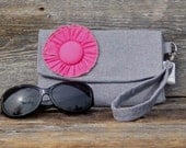 Eco Friendly Mini Clutch in Gray Mix, Recycled and Organic Fabrics with Bright Pink Ruffle Blossom