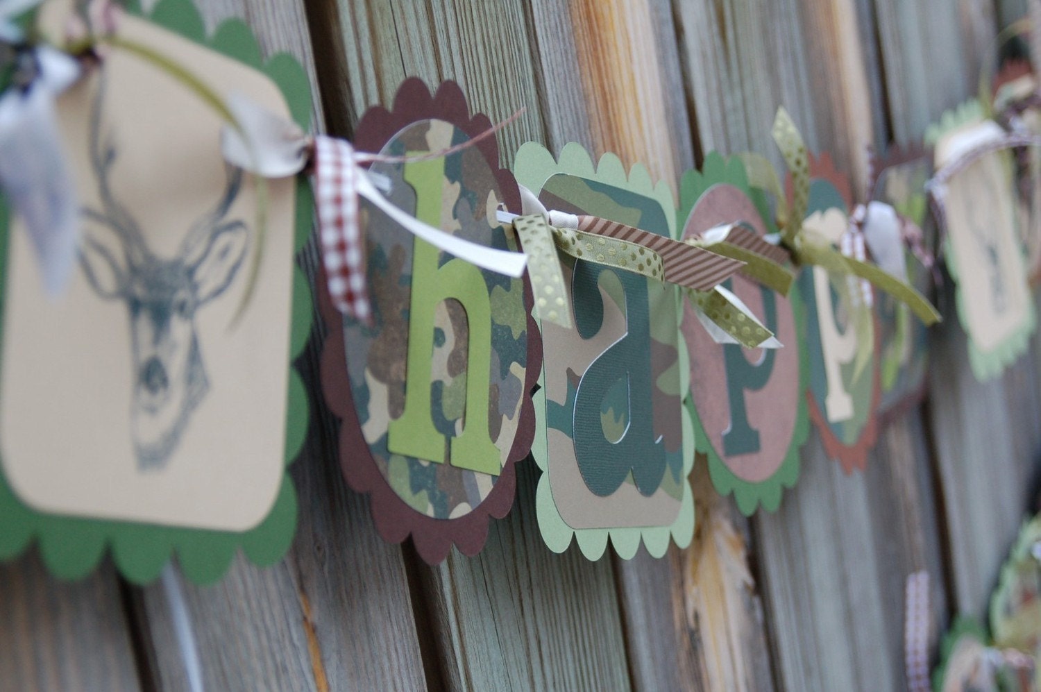 Camo Happy Birthday and Cute Name Banner  Combo with Deer for Characters
