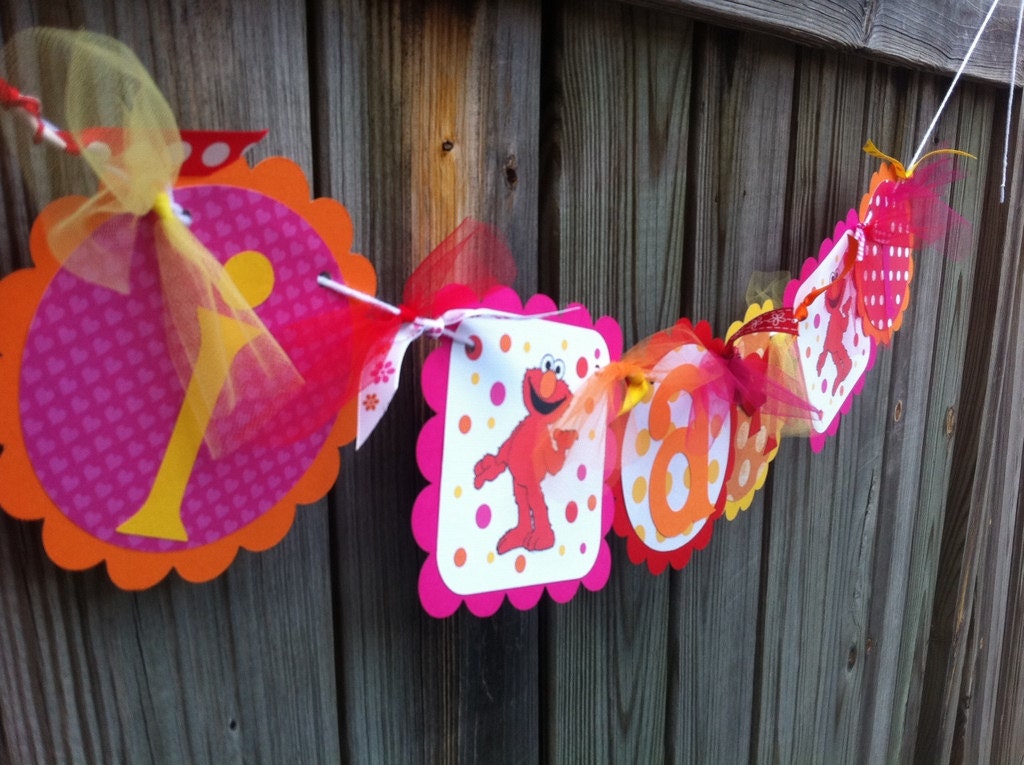 I AM 1  HIGHCHAIR Banner in Hot Pink  Red Yellow & Orange with ELMO