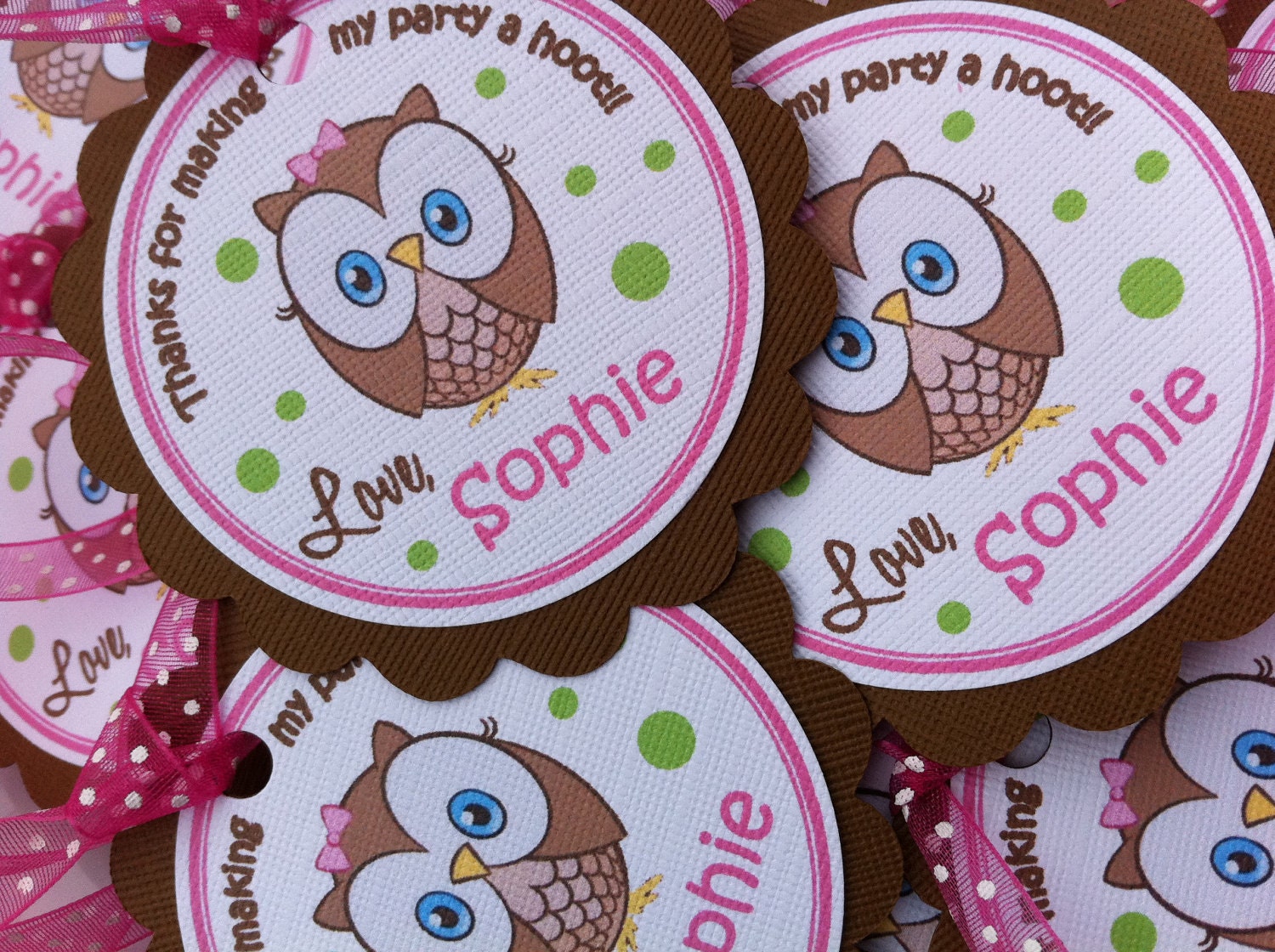 Hoot Owl Themed THANK YOU TAGS in Hot Pink, Lime & Brown Set of 24 Il_170x135