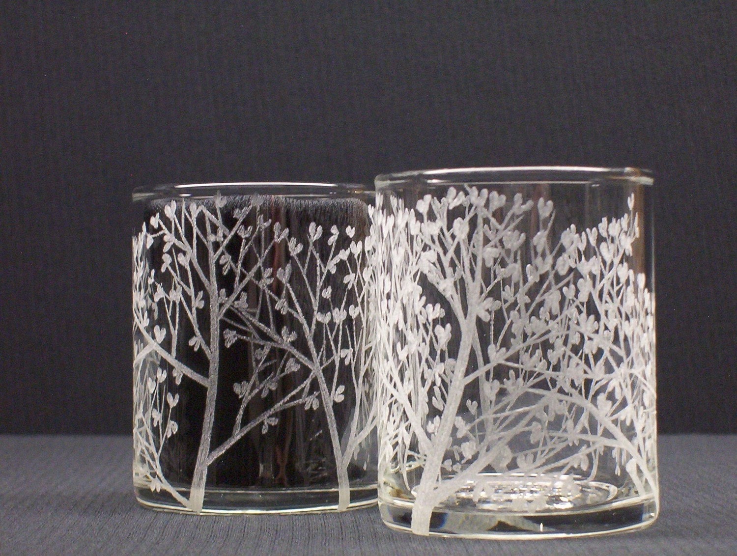 FREE SHIPPING . 'Tree Of Love' . Two Hand Engraved Glass Candle Holders . Featured On The Front Page