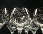 6 Wine Glasses . Hand Engraved Crystal Glass . 'Branches And Leaves' . Bridal party gift Spring Glassware . Take 15% OFF At Checkout