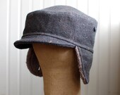 Winter hat in slate blue tweed wool with cozy ear flaps: womens earflap hat, mens earflap hat - small