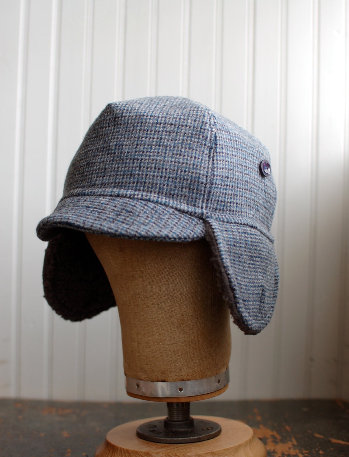 Hat with earflaps for men and women - blue plaid wool winter bike hat - small