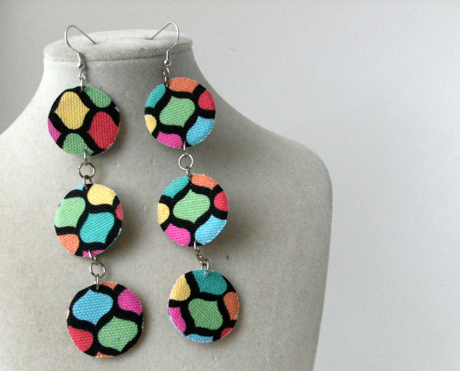 Triple circle dangle fabric earrings with retro print