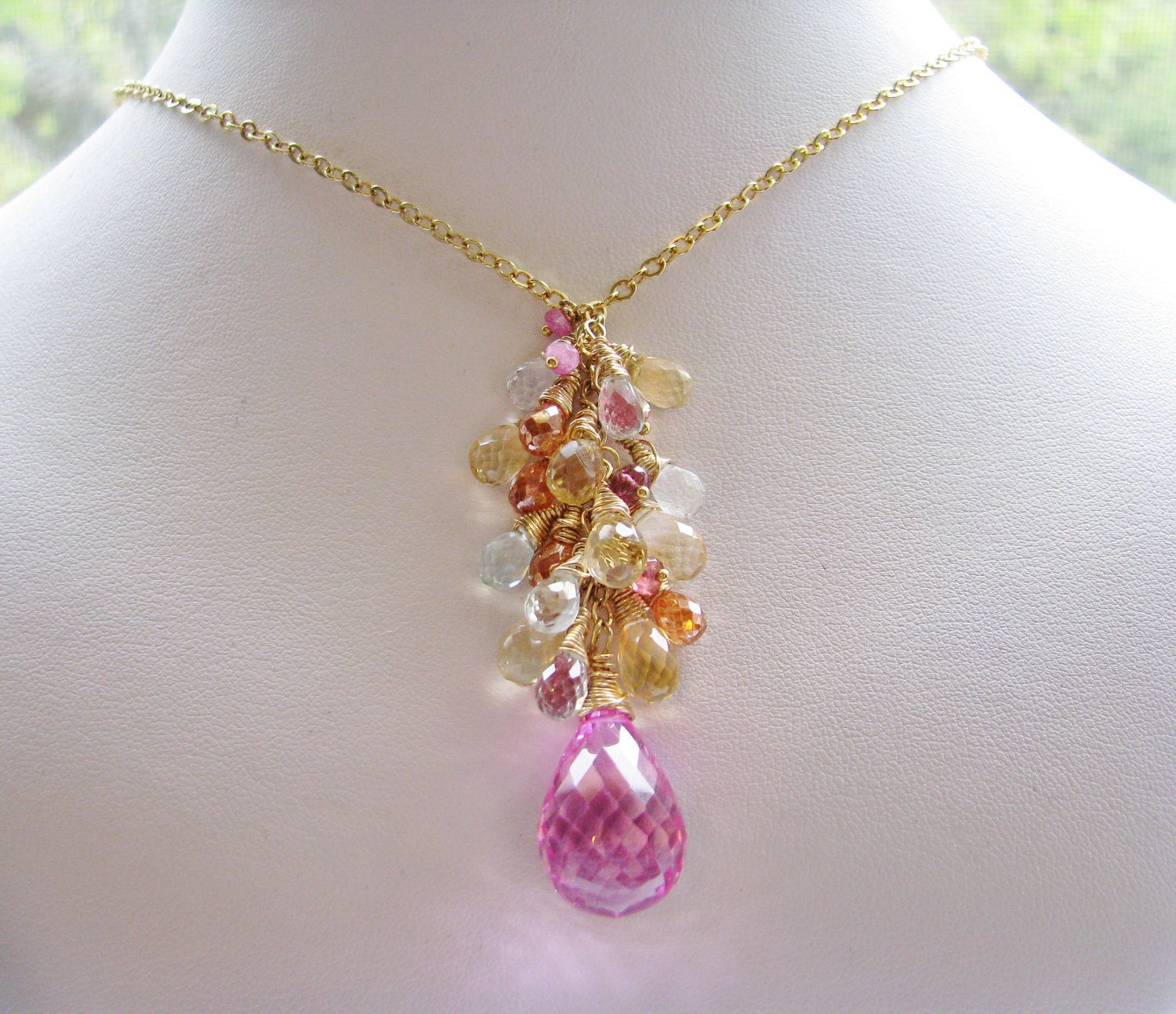 Precious Pink Topaz Cluster Necklace, Gem Grade, Multi Gemstones, 14k Gold, Show Stopper, Y Style - SALE, Free Shipping