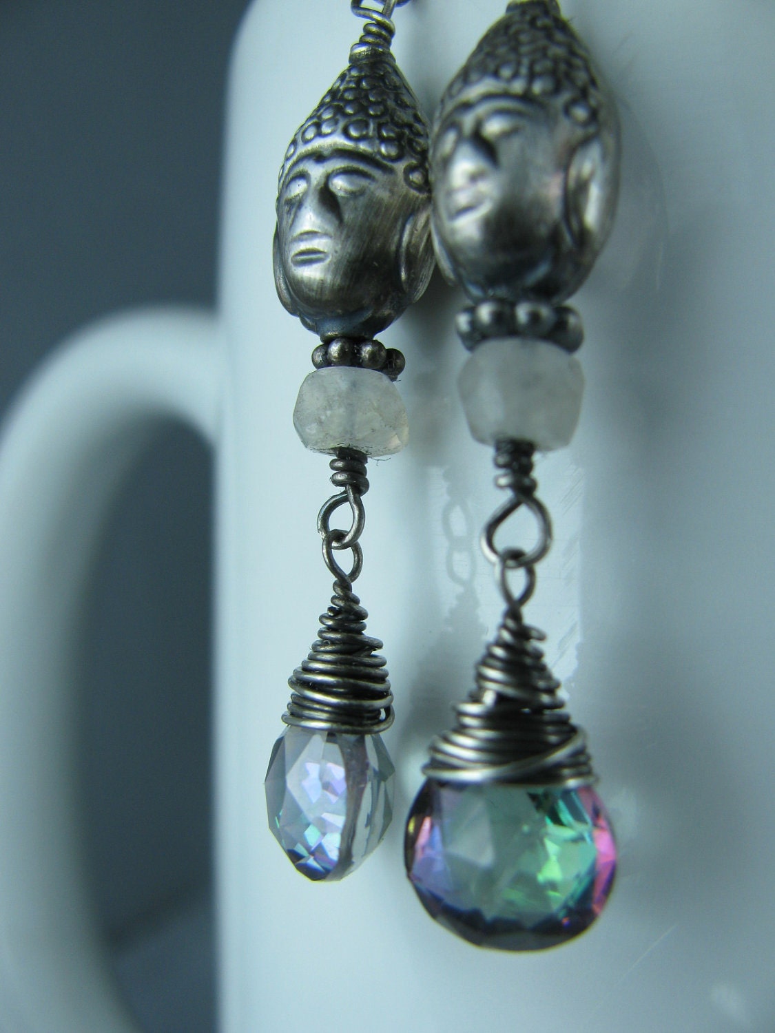 Thailand Inspired Mystic Topaz, Sterling Silver Buddha Heads, and Moonstone Earrings