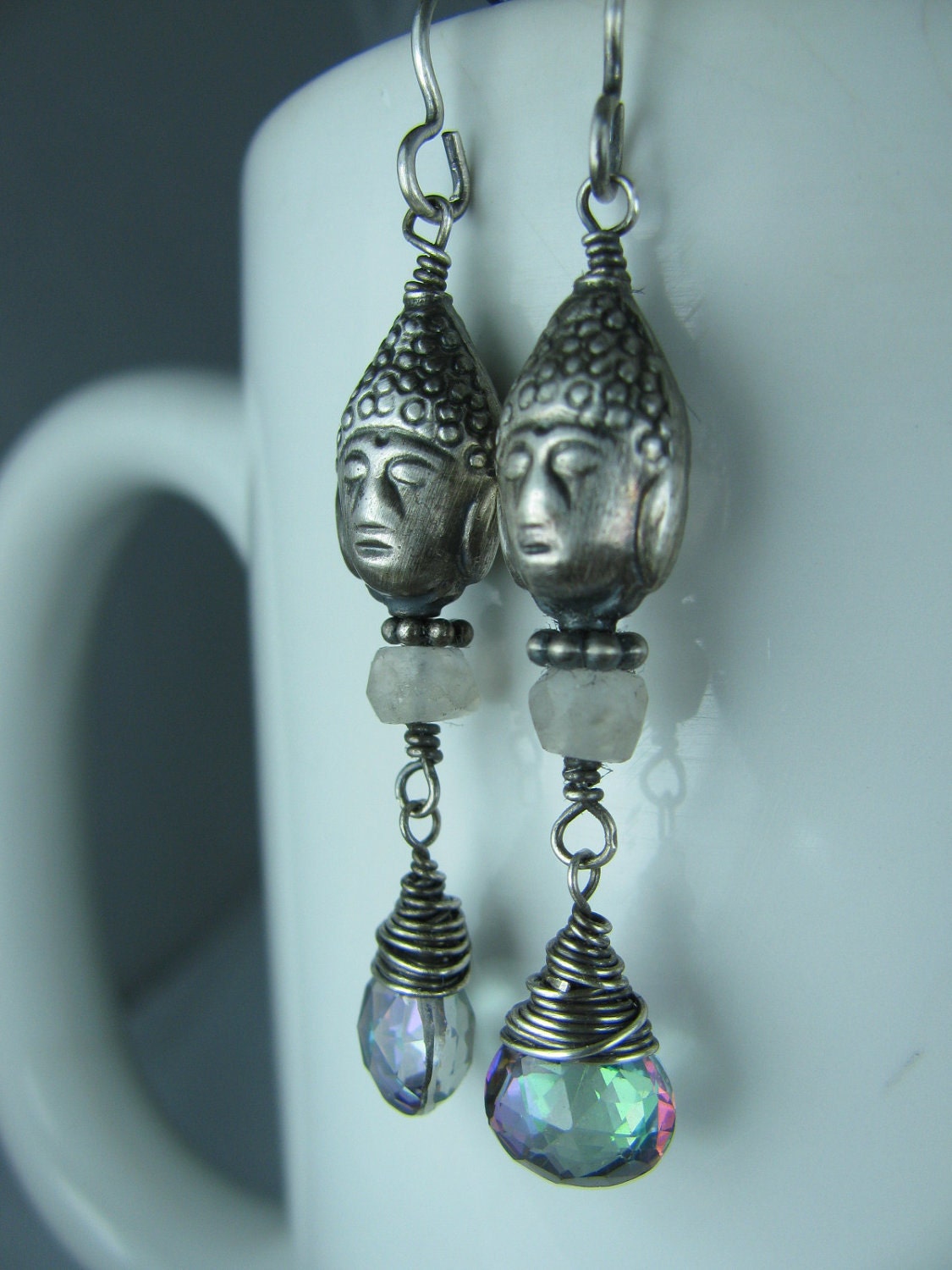Thailand Inspired Mystic Topaz, Sterling Silver Buddha Heads, and Moonstone Earrings