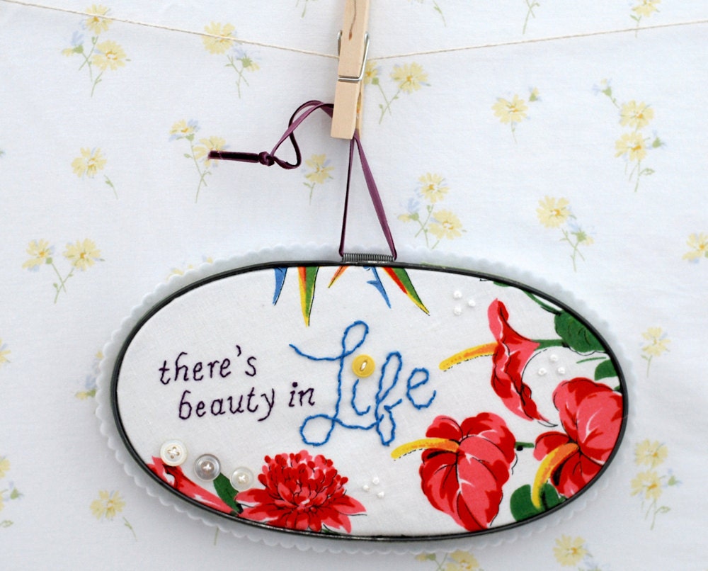 embroidered vintage hankie wall art