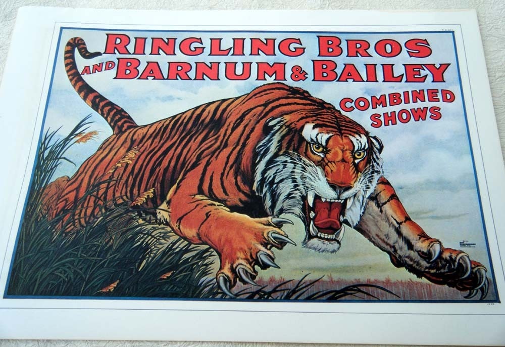 Vintage Circus PosterLeaping TIGER /  Trained Little Baby ELEPHANTS  Poster Size Book Plate
