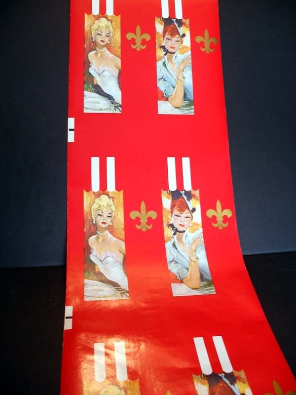 Vintage Red Paper Roll Two French Ladies Femmes Fatales One Blomde One Redhead