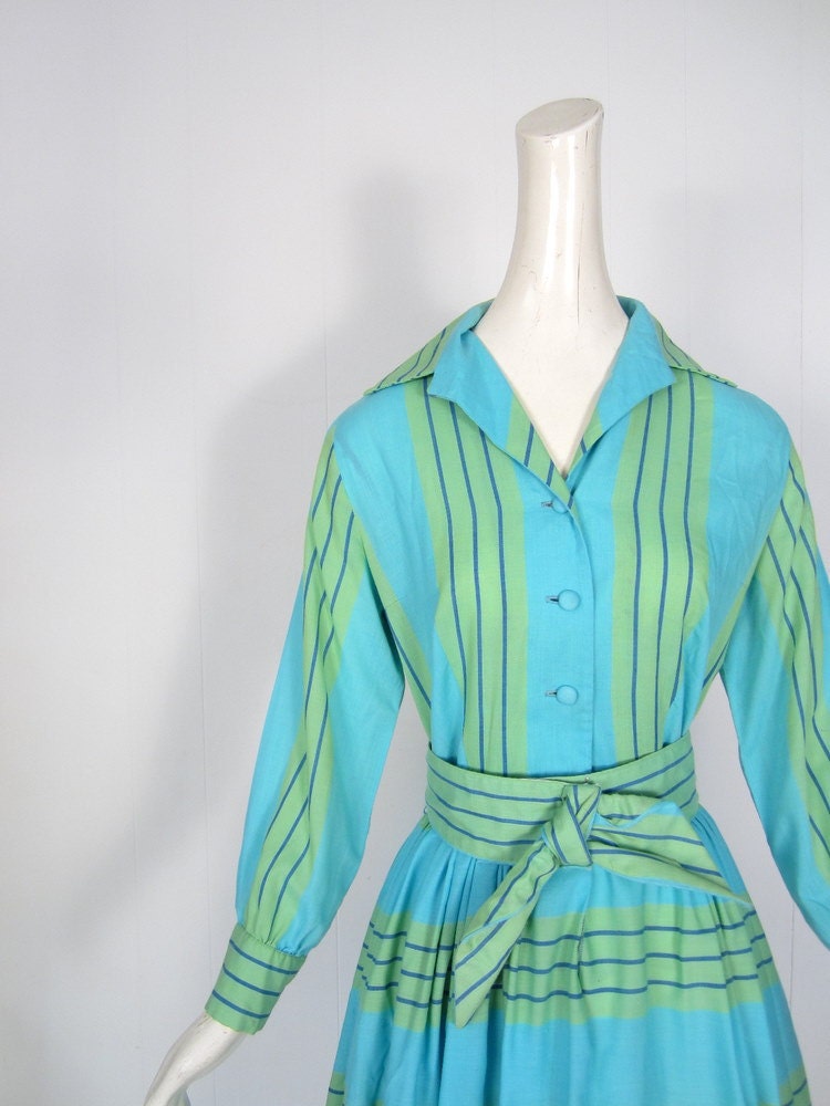 Vintage 50s Dress / Aqua and Lime Stripes / 1950s Shirtwaist Dress / S
