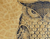 hand-printed owl, original, 11 x 14, NEW 2012 line