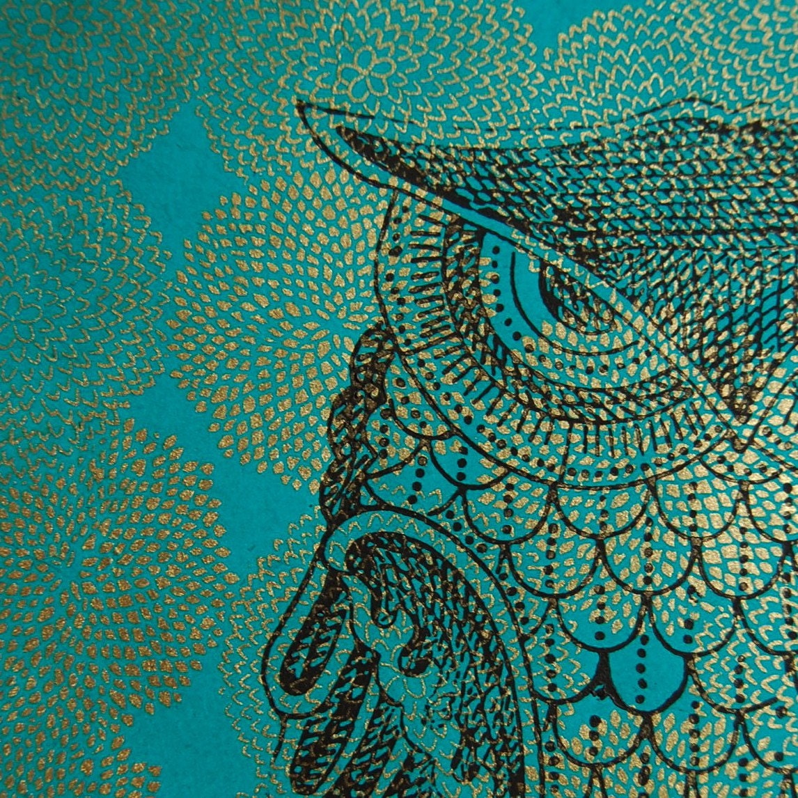 Owl print on teal with gold mums, original 11 x 14 poster