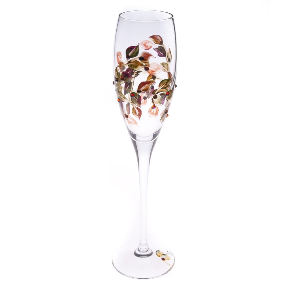 Fall Leaves Flutes - Hand Painted and Embellished with Swarovski Crystals - Set of Two Champagne Glasses