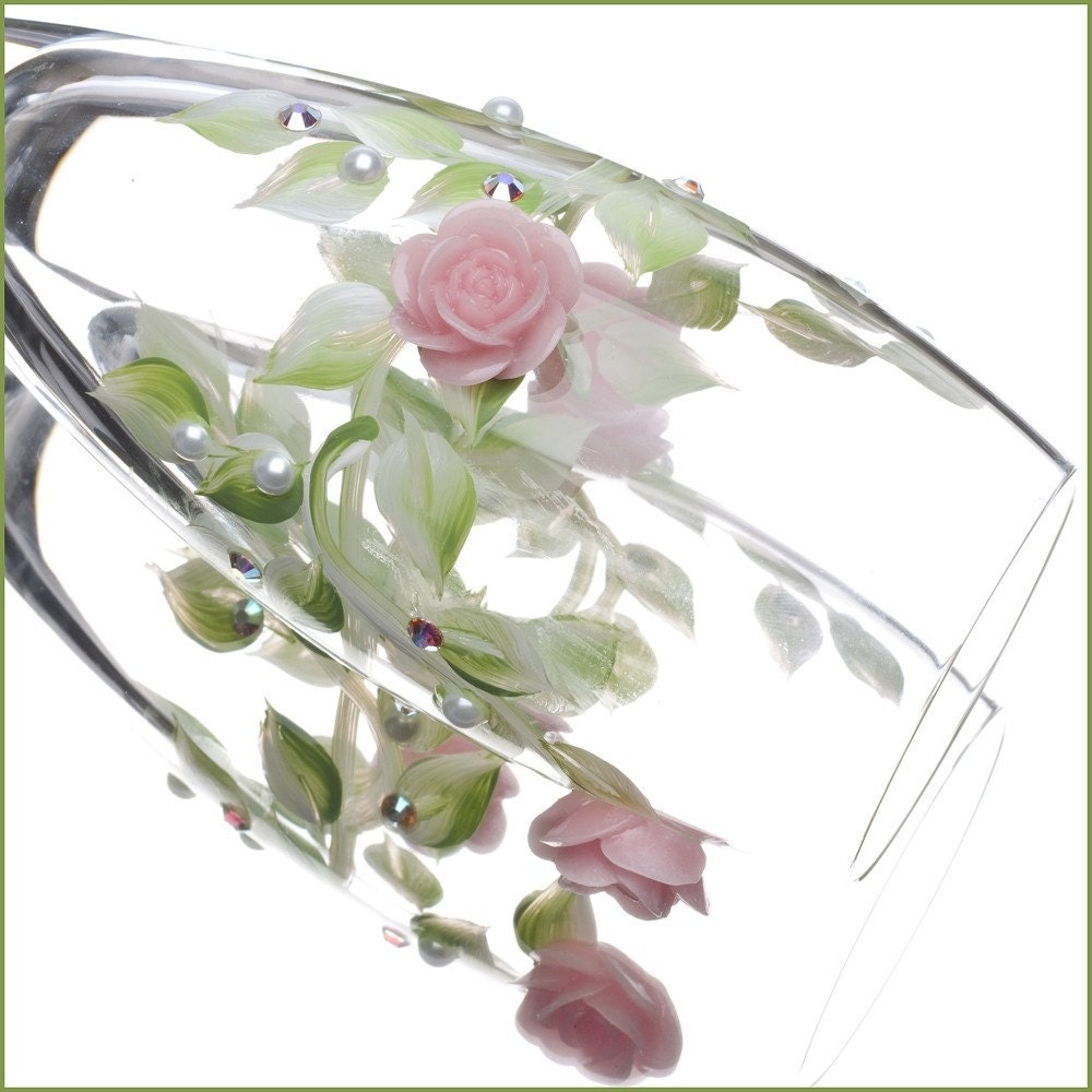 Bride and Groom Flutes - Hand Painted Leaf and Pink Rose Flower Champagne Toasting Glasses - Set of Two