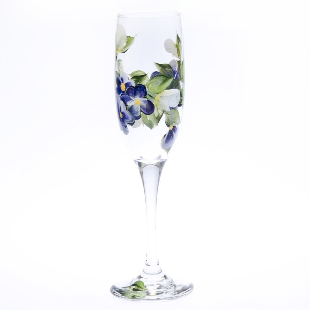 Set of Flutes - Hand Painted Purple Flower and Yellow Rose - Champagne Glasses