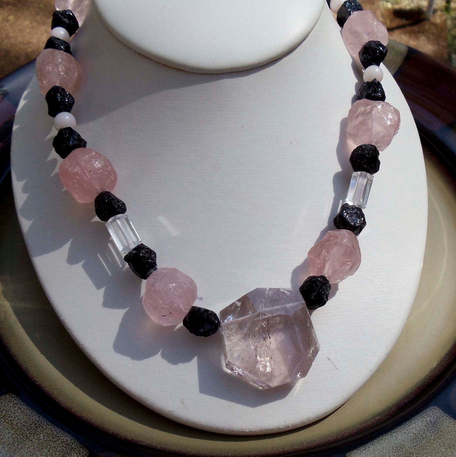 Handmade Morganite Black Tourmaline and rose quartz necklace