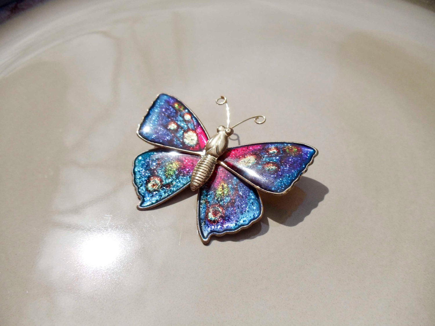 Vintage gold blue butterfly brooch