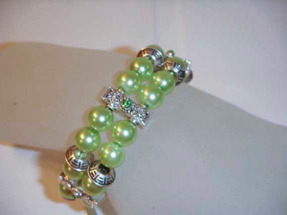 Summer Sale Two Layer Green Pearl and crystal bracelet 7.5 inches emerald toggle