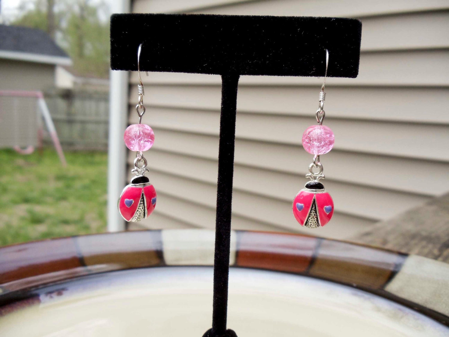 Pink Ladybug dangle earrings handmade