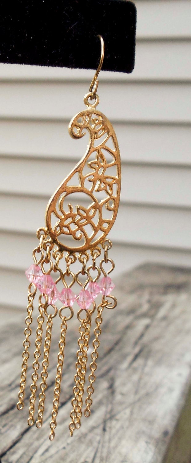 Summer Sale Gold chain dangle earrings with pink Czech glass beads