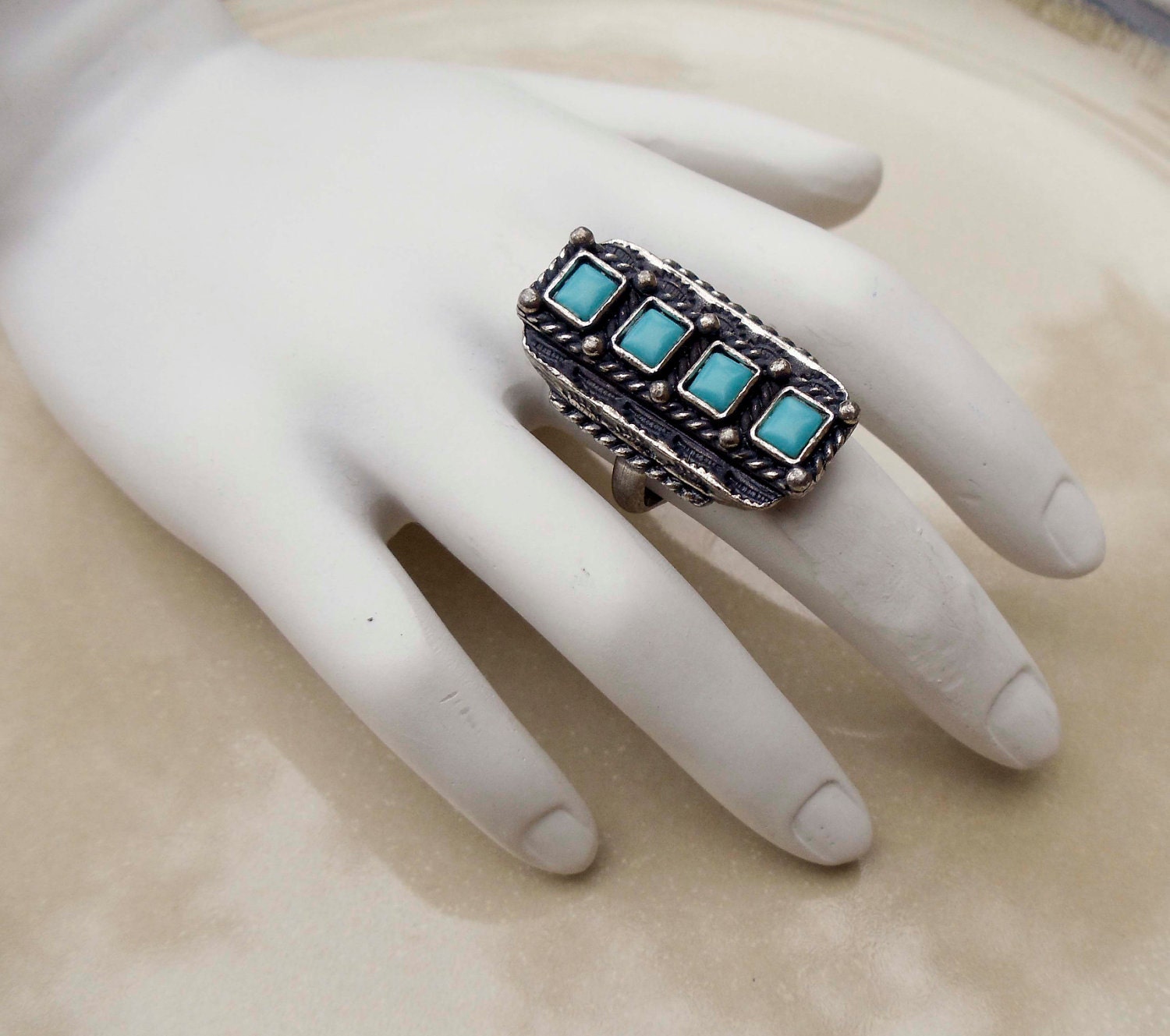 Vintage silver turquoise ring adjustable band large cocktail ring