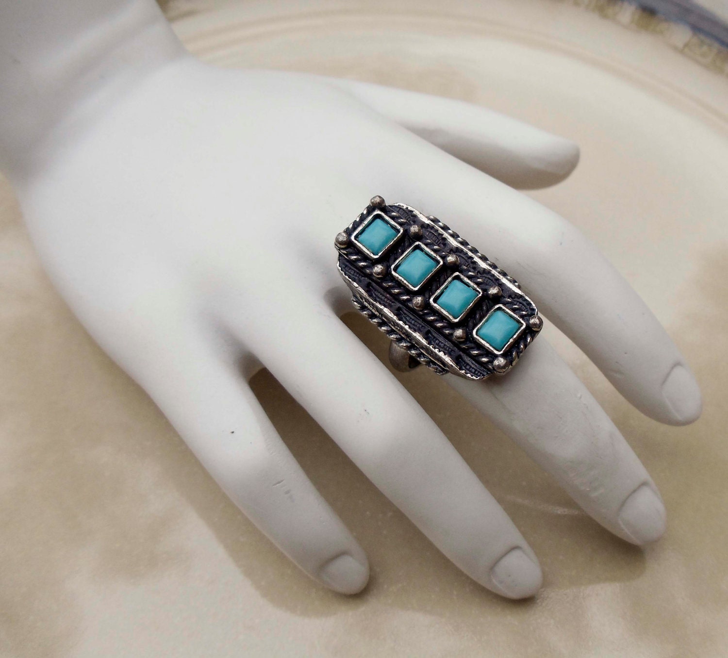Vintage silver turquoise ring adjustable band large cocktail ring