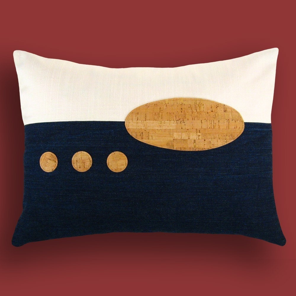 Indigo Denim and Cork Modern Decorative Pillow 12 x 18 inches