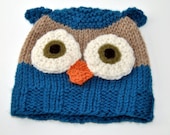 Wool Baby Owl Hat, Blue, 0-6 months or 6-12 months