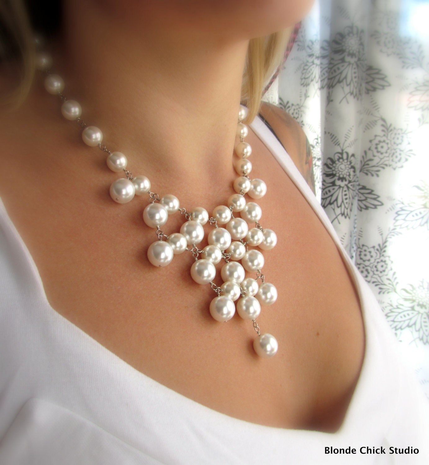 WHITNEY-White Glass Pearl Bib Style Necklace