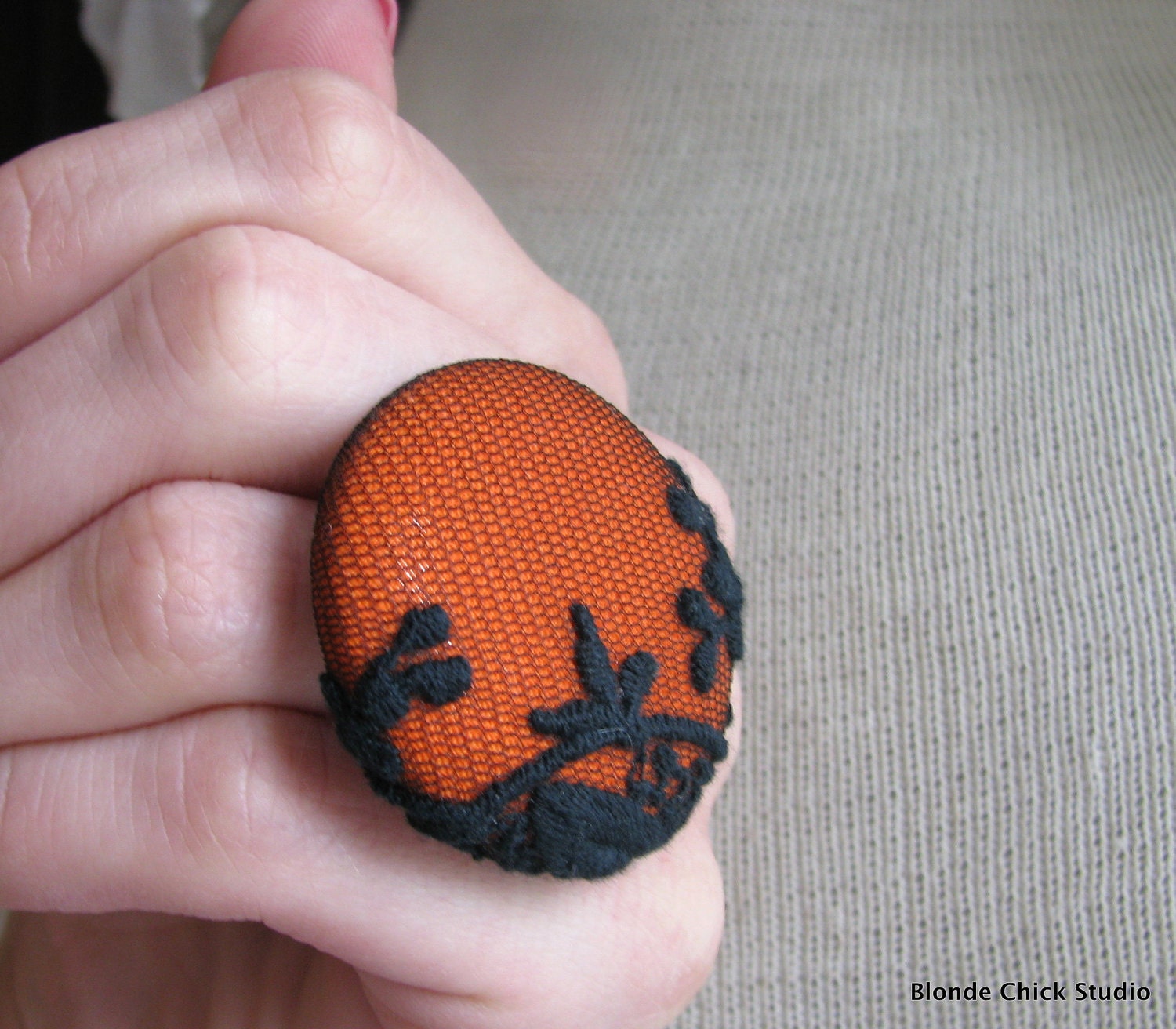 DECO RING no.10-Pumpkin Orange Fabric with Black Embroidered Lace Netting Overlay Spooky Halloween Ring-Made To Order