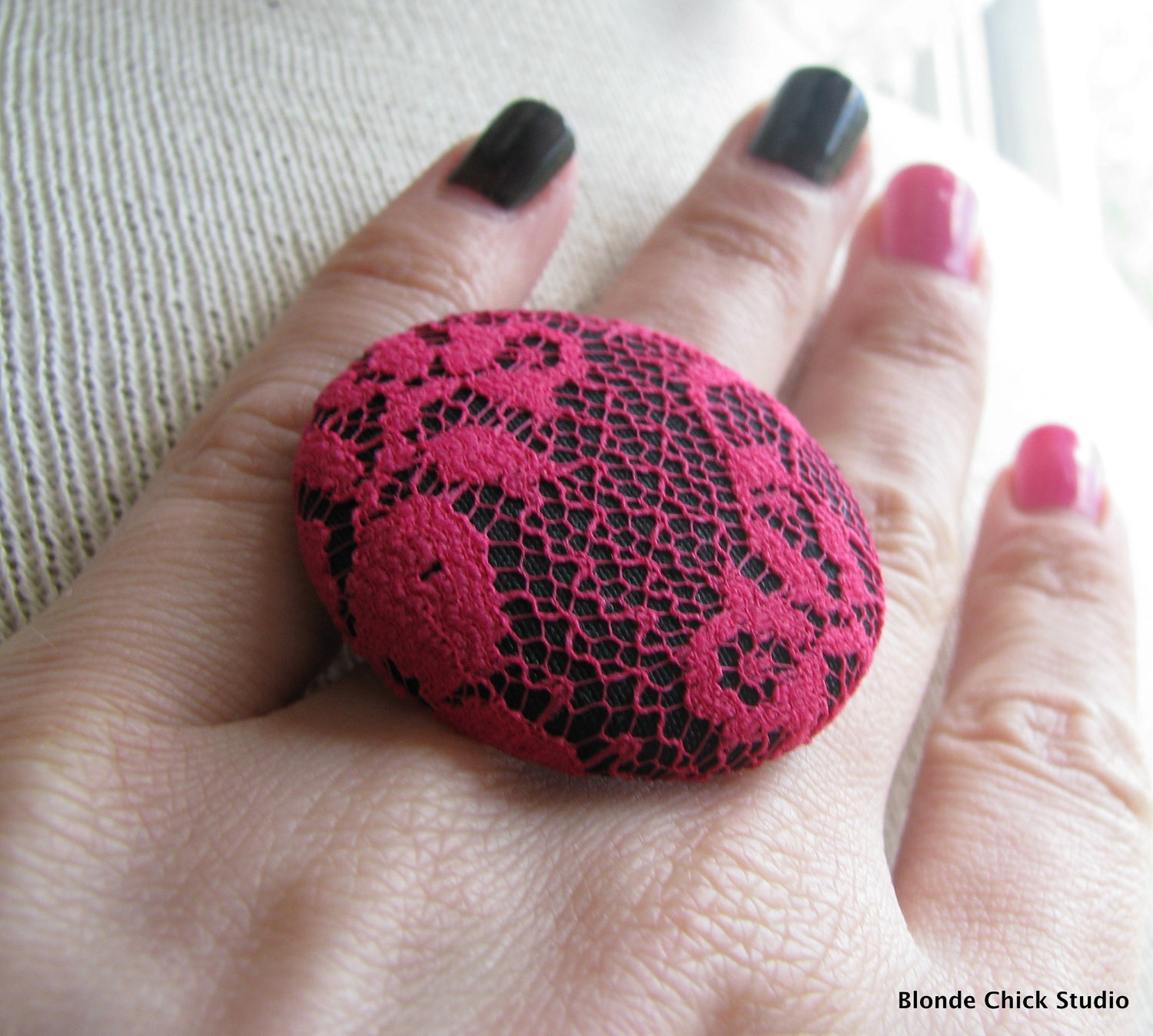 DECO RING no.17-Black Silk with Hot Pink Lace Overlay Ring