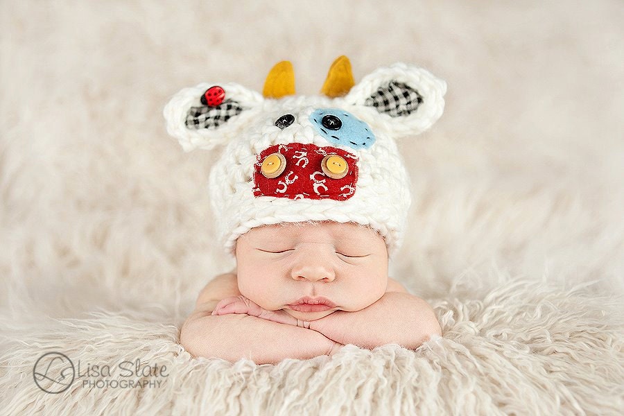 Newborn Cow Hat - Baby Cow Hat - Newborn Photo Prop - Farm Hat - Cutie Patootie Cow - Newborn Size