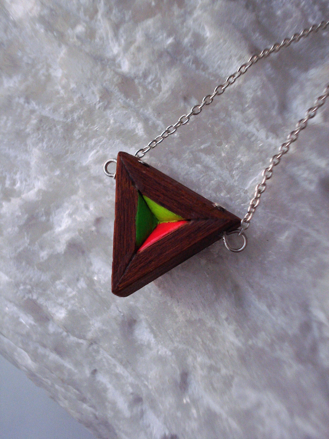 Neon and wood triangle pendant necklace -- LoFi