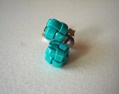 Aqua plastic woven lacing cube earrings -- Camp