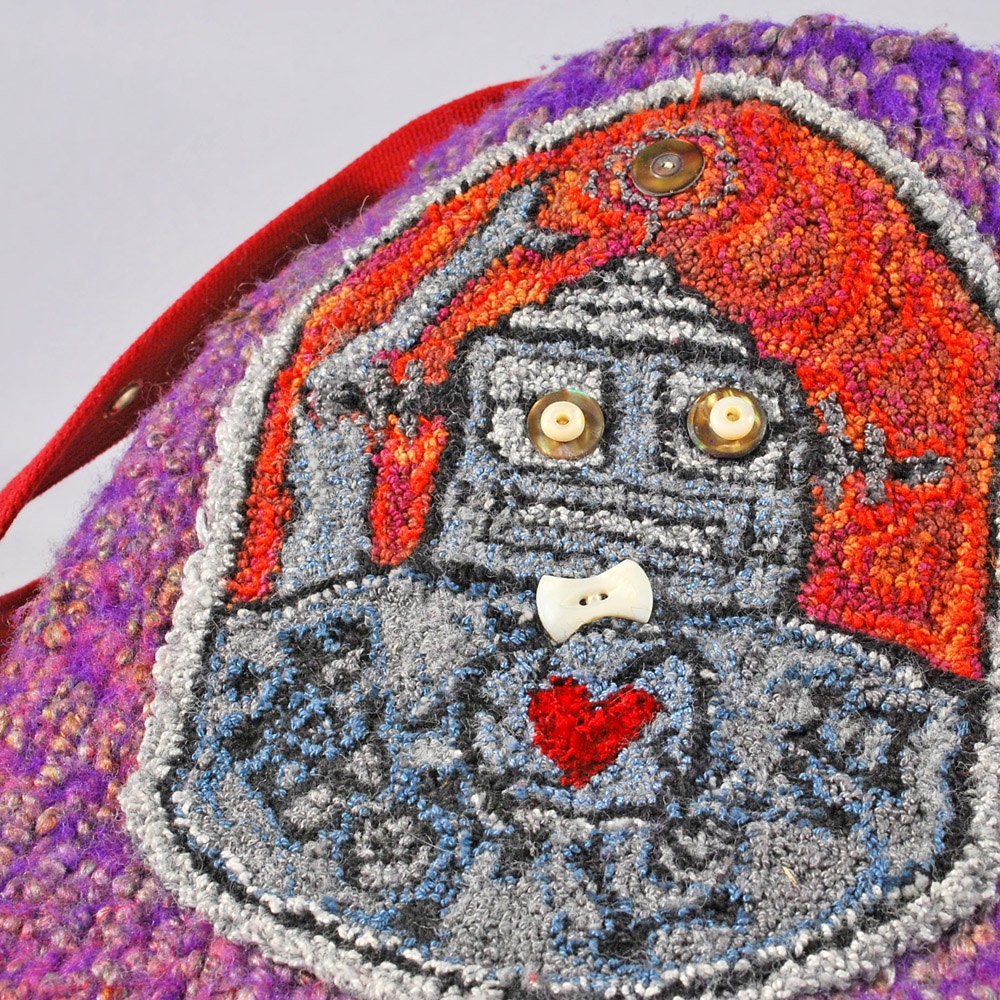 Robot Love Outer space hand knitted felted needle punched repurposed materials art bag purse (OOAK)