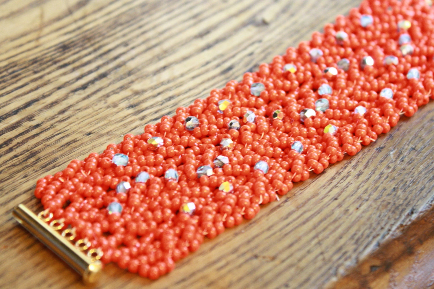 Orange Beaded Wide Cuff with Turquoise Czech Fire Polished Crystals