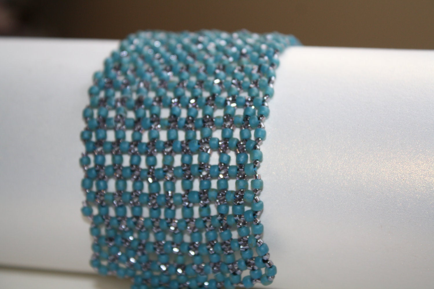 Wide Capri Blue and Silver Blue Beaded Cuff Bracelet