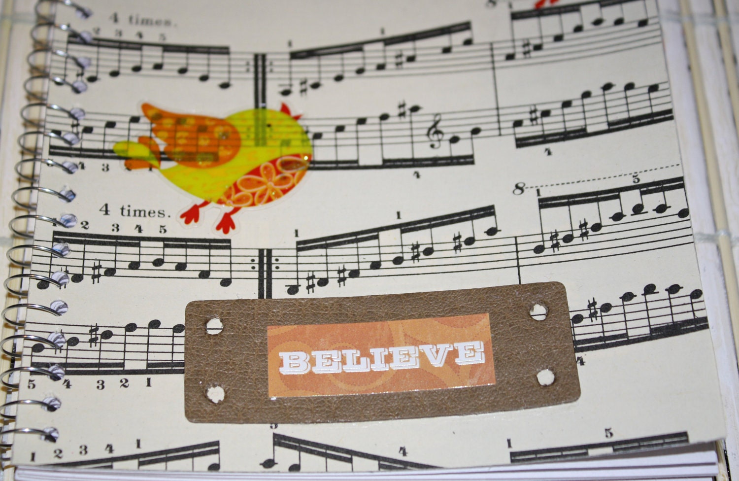 REDUCED PRICE Upcycled Music Sheets Notebook/ Journal, Believe, Birds