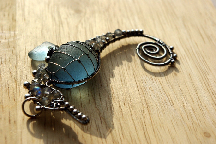 BLUE-GRAY seahorse wire wrapped seaglass pendant.
