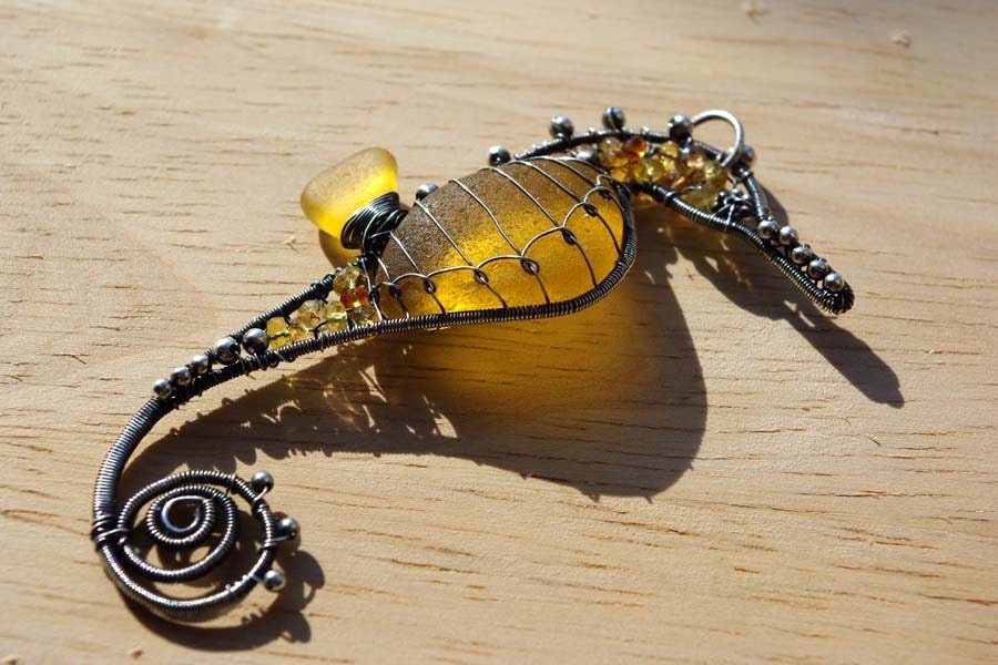 GOLDEN YELLOW seahorse wire wrapped seaglass pendant.