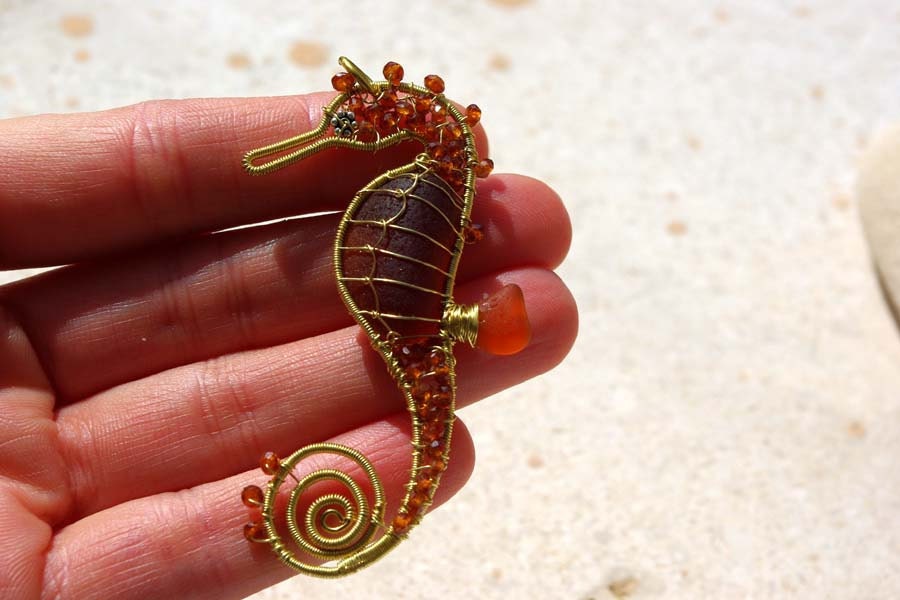 CARAMEL seahorse wire wrapped seaglass pendant.