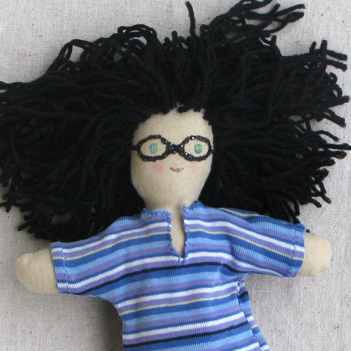 Cloth doll, one of a kind, 10 inch, brunette black hair, funky glasses, blue striped tee shirt and jeans